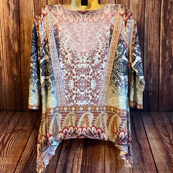 ONE WORLD WOMEN'S PLUS 1X 18/20 TOP TUNIC BLOUSE PAISLEY BOHO TRIBAL NWT V-NECK - Picture 5 of 12
